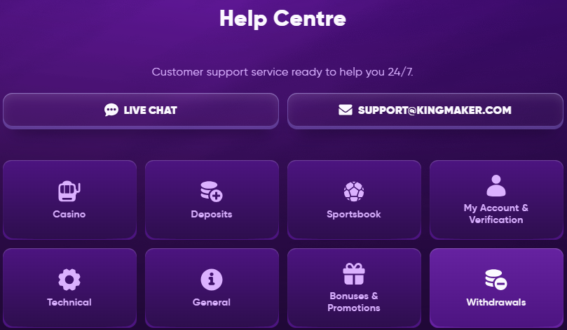 Kingmaker Help Centre — Live Chat and support categories