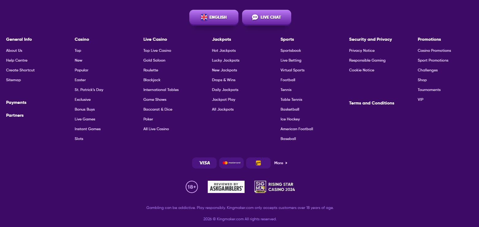 Kingmaker Casino Payment Methods — Visa, Mastercard and withdrawal options
