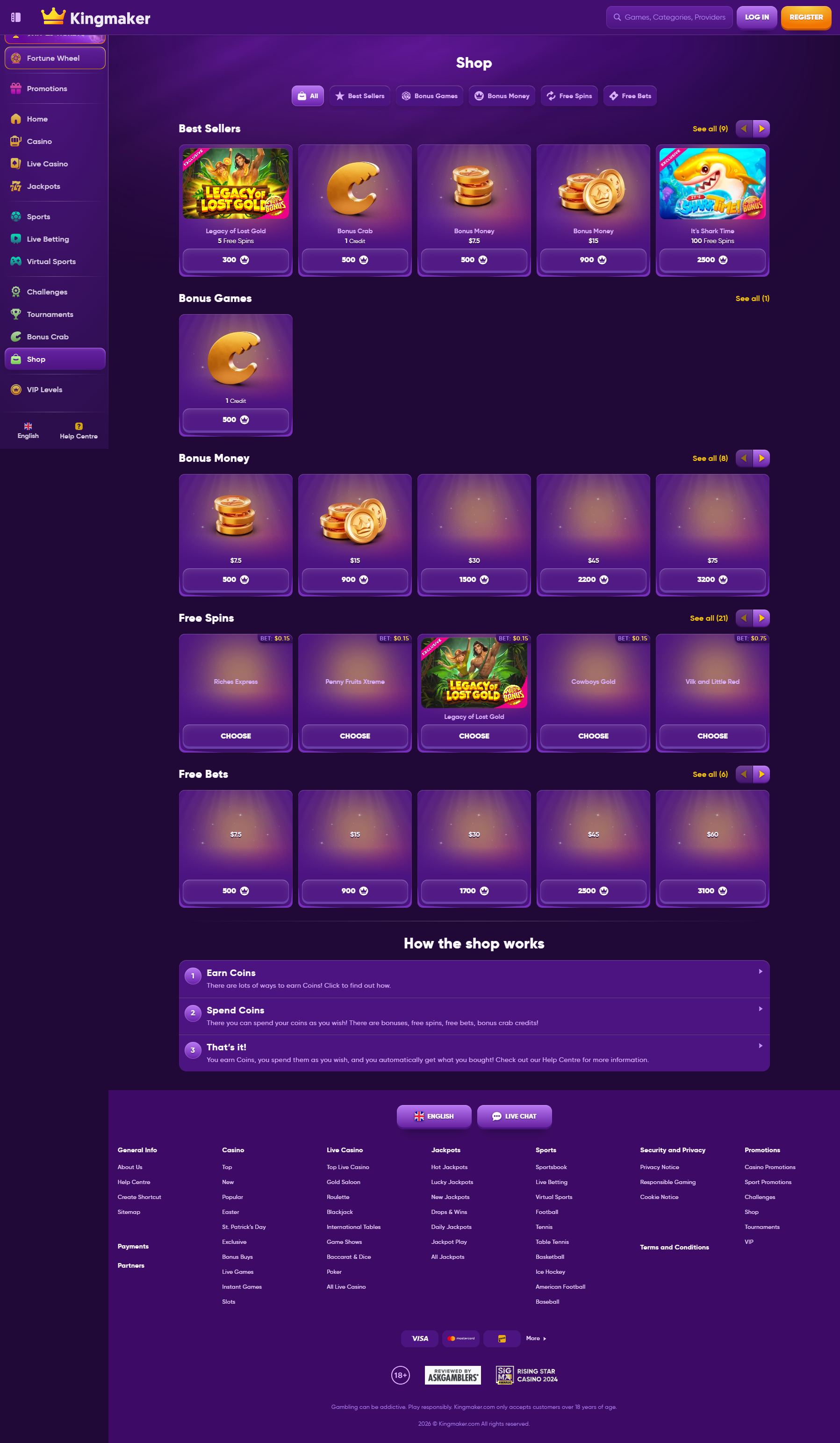 Kingmaker Shop — Bonus Money, Free Spins and Free Bets
